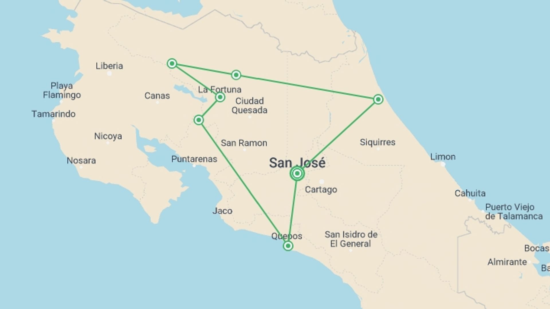 A map showing the tour itinerary for the trip: Classic Costa Rica, starting in San Jose, Costa Rica and ending in San Jose, Costa Rica going through 9 other destinations.