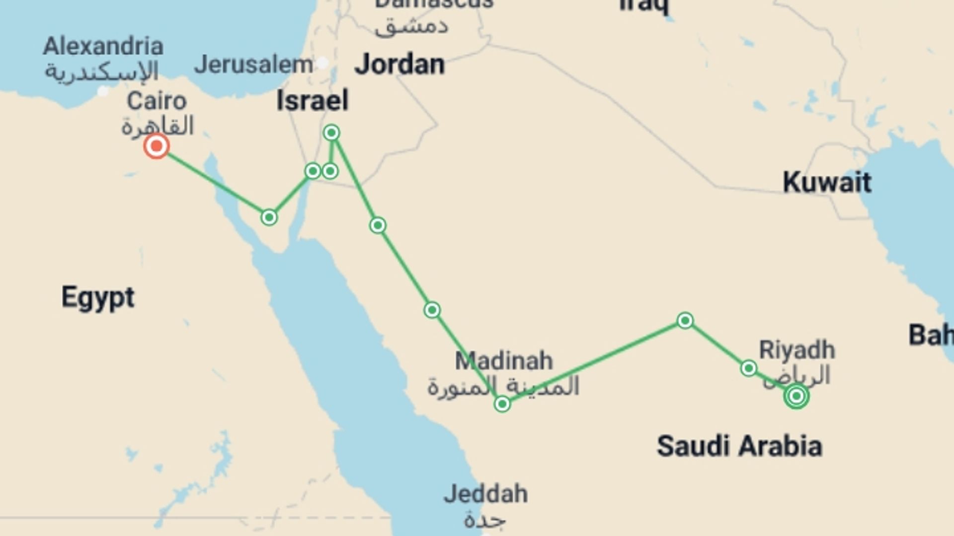 A map showing the tour itinerary for the trip: Highlights of Saudi Arabia Jordan and Egypt, starting in Riyadh, undefined and ending in Cairo, Egypt going through 5 other destinations.