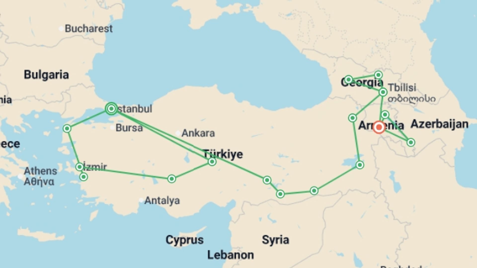 A map showing the tour itinerary for the trip: Turkey, Georgia & Armenia Encompassed, starting in Istanbul, Turkey and ending in Yerevan, Armenia going through 14 other destinations.