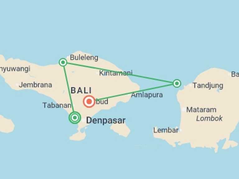 Map of 12-Day Indonesia Tour with 4 destination visits for the trip: Best of Bali Youth Adventure  - 12 days