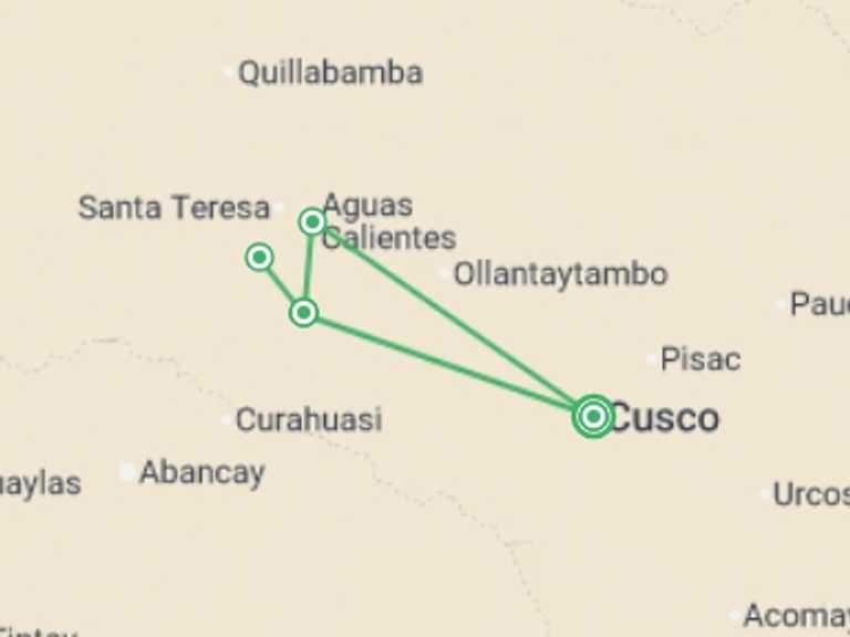 Map itinerary of South America Tour in February 2026 with 4 destination visits for the trip: Salkantay Trek & Machu Picchu - 8 days