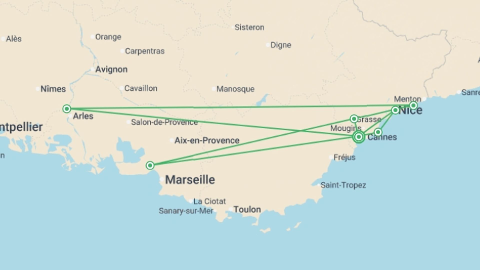 A map showing the tour itinerary for the trip: Cannes & the Cote d'Azur - 8 days, starting in Cannes, France and ending in Cannes, France going through 1 other destinations.