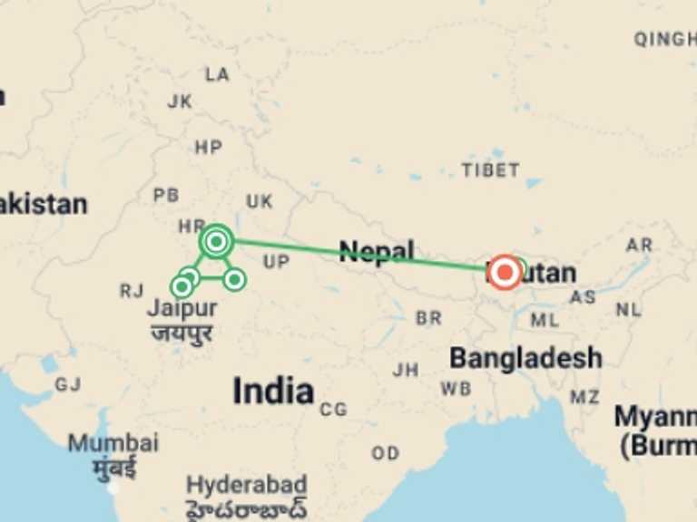 Map itinerary of Thimphu Tour in June 2026 with 8 destination visits for the trip: The Best of India & Bhutan