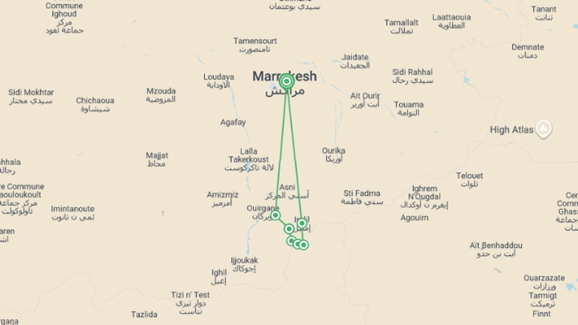 A map showing the tour itinerary for the trip: High Atlas Trek, starting in Marrakech, Morocco and ending in Marrakech, Morocco going through 6 other destinations.