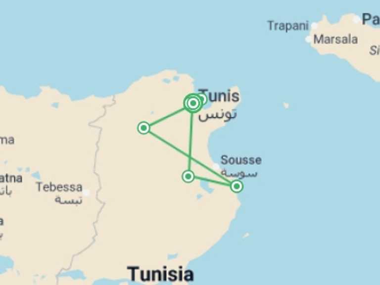 Map itinerary of Africa Tour in September 2026 with 6 destination visits for the trip: Tunisian Coast and Ancient Carthage in Summer