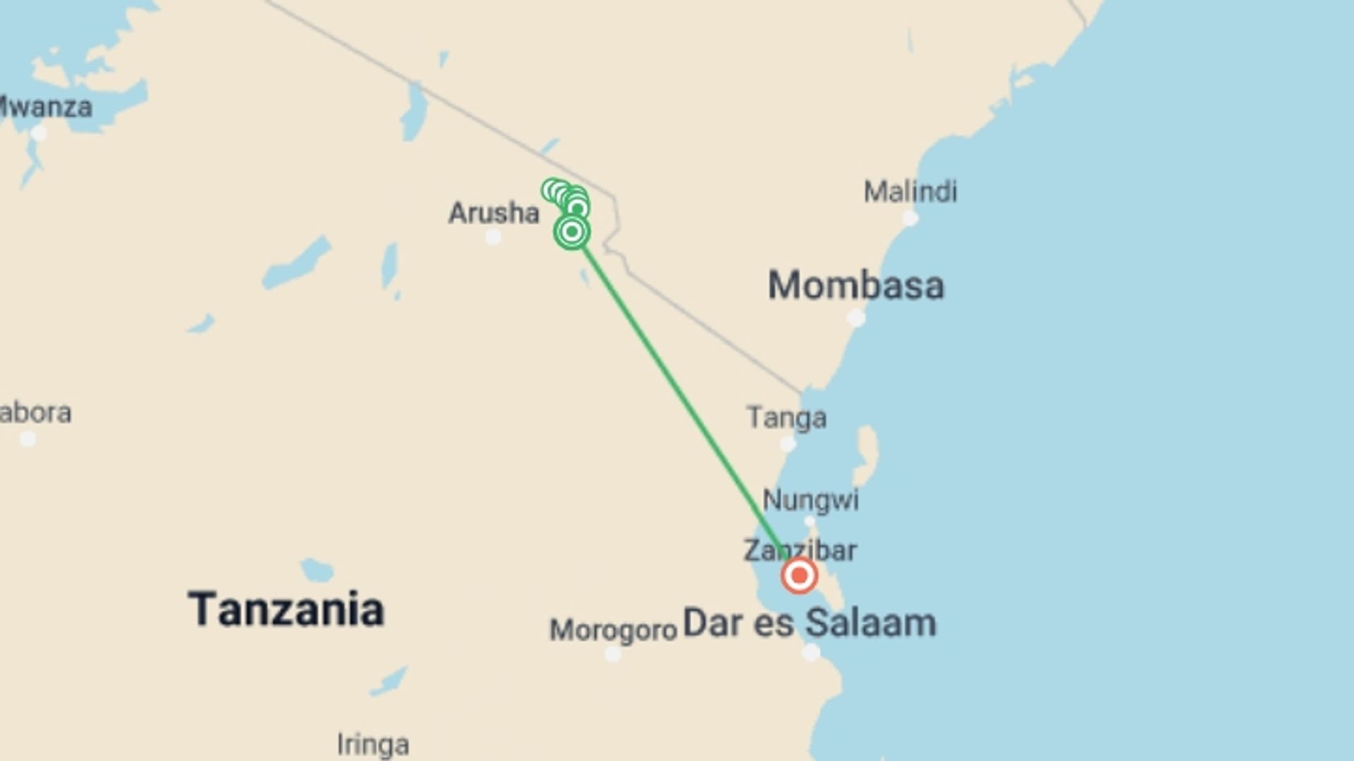 A map showing the tour itinerary for the trip: Kilimanjaro - Lemosho Route & Zanzibar Adventure, starting in Moshi, Tanzania and ending in Zanzibar, Tanzania going through 8 other destinations.