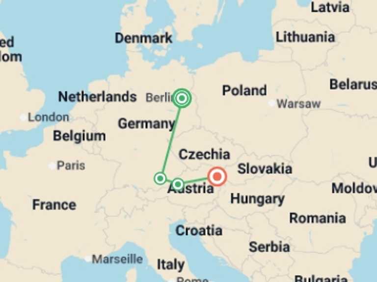 Map of a Christmas markets Tour with 4 destination visits for the trip: Christmas in Central Europe, Berlin to Vienna