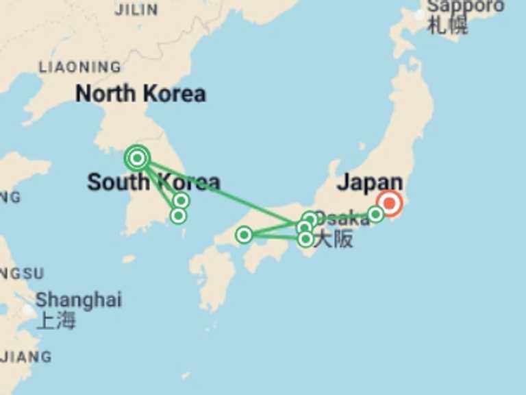Map itinerary of Asia Tour in January 2027 with 9 destination visits for the trip: Korea & Japan Encompassed