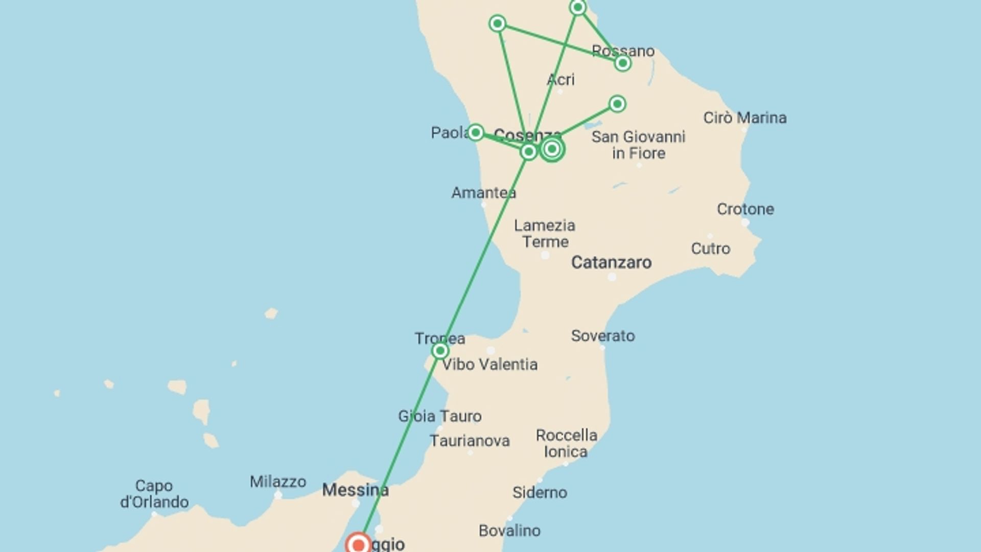 A map showing the tour itinerary for the trip: Calabria Unveiled, starting in Calabria, Italy and ending in Reggio Calabria, Italy going through 2 other destinations.
