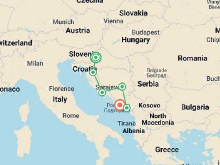 Map itinerary of Europe Tour in June 2026 with 6 destination visits for the trip: Journeys: Discover the Balkans