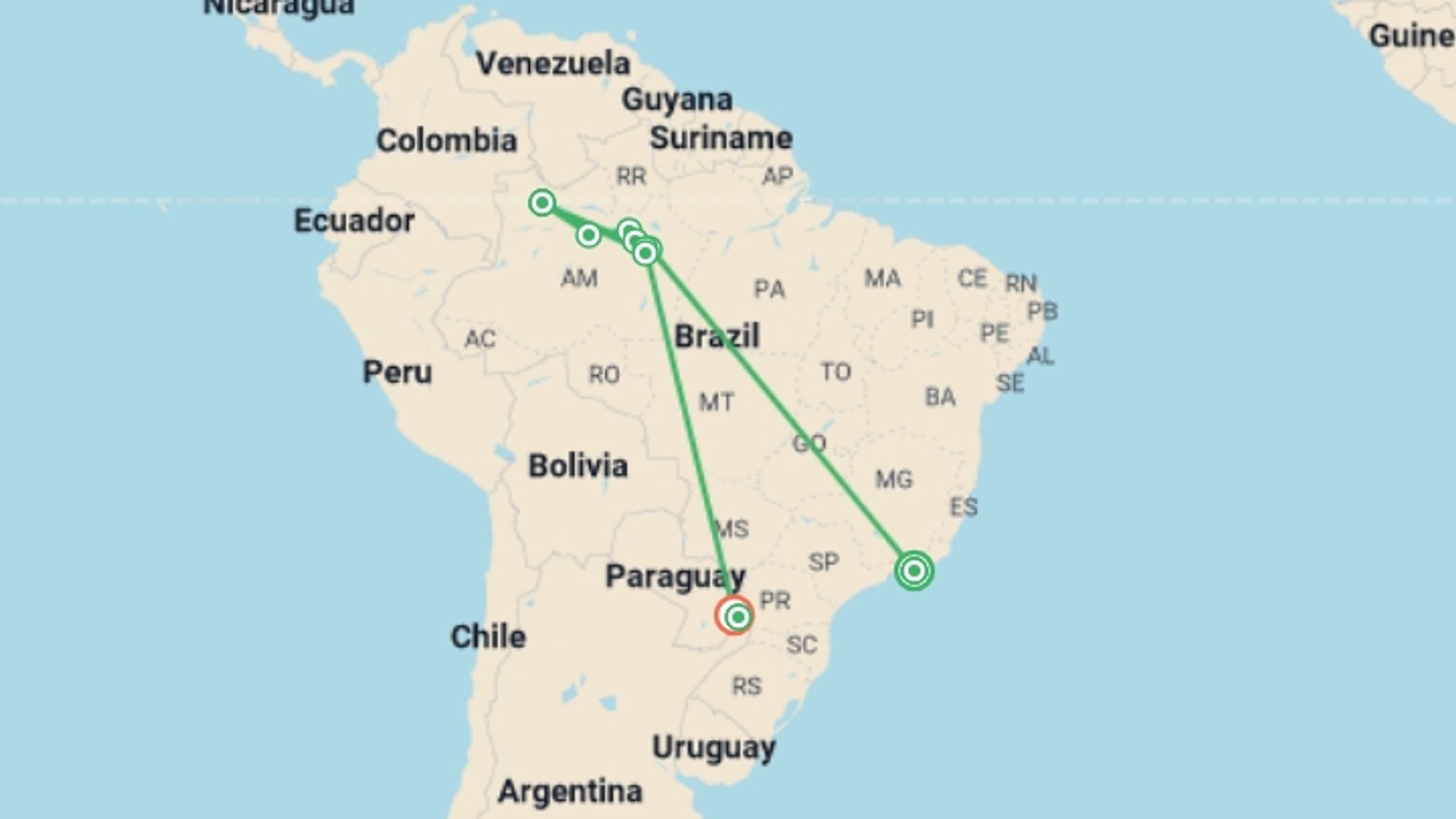 A map showing the tour itinerary for the trip: Along the Amazon and the Rio Negro - An Exclusive Cruise through Pristine and Hidden Nature - Rio, vibrant and timeless, and an exceptional stay at Iguazu Falls (port-to-port cruise), starting in Rio de Janeiro, Brazil and ending in Brazil going through 1 other destinations.