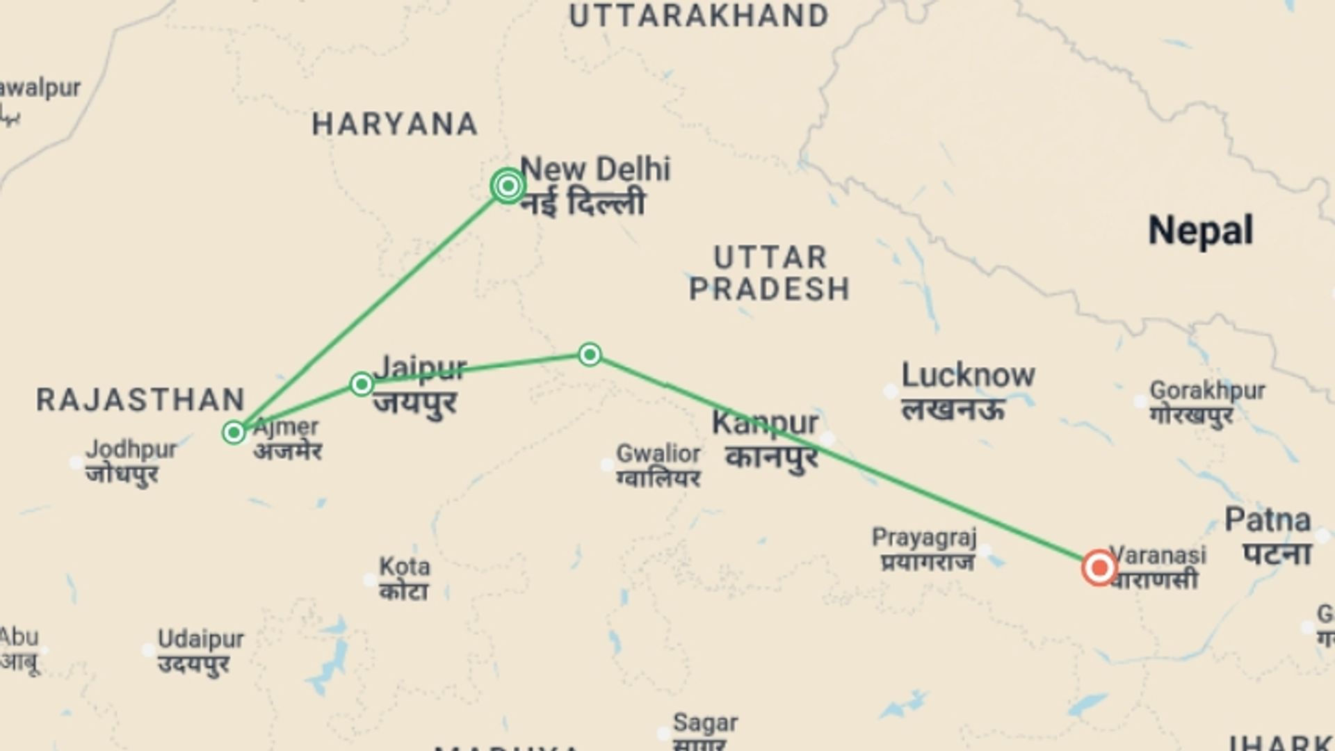 A map showing the tour itinerary for the trip: Northern India on a Budget: The Golden Triangle to Varanasi, starting in New Delhi, India and ending in Varanasi, India going through 3 other destinations.