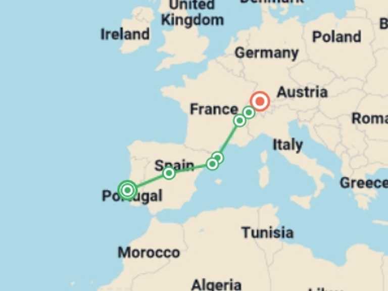 Map itinerary of Madrid Tour in Spring with 7 destination visits for the trip: Lisbon to Zurich