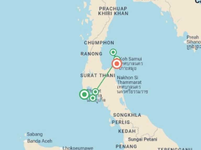 Map of Koh Tao Tour with 6 destination visits for the trip: Phuket to Koh Samui Travel Pass