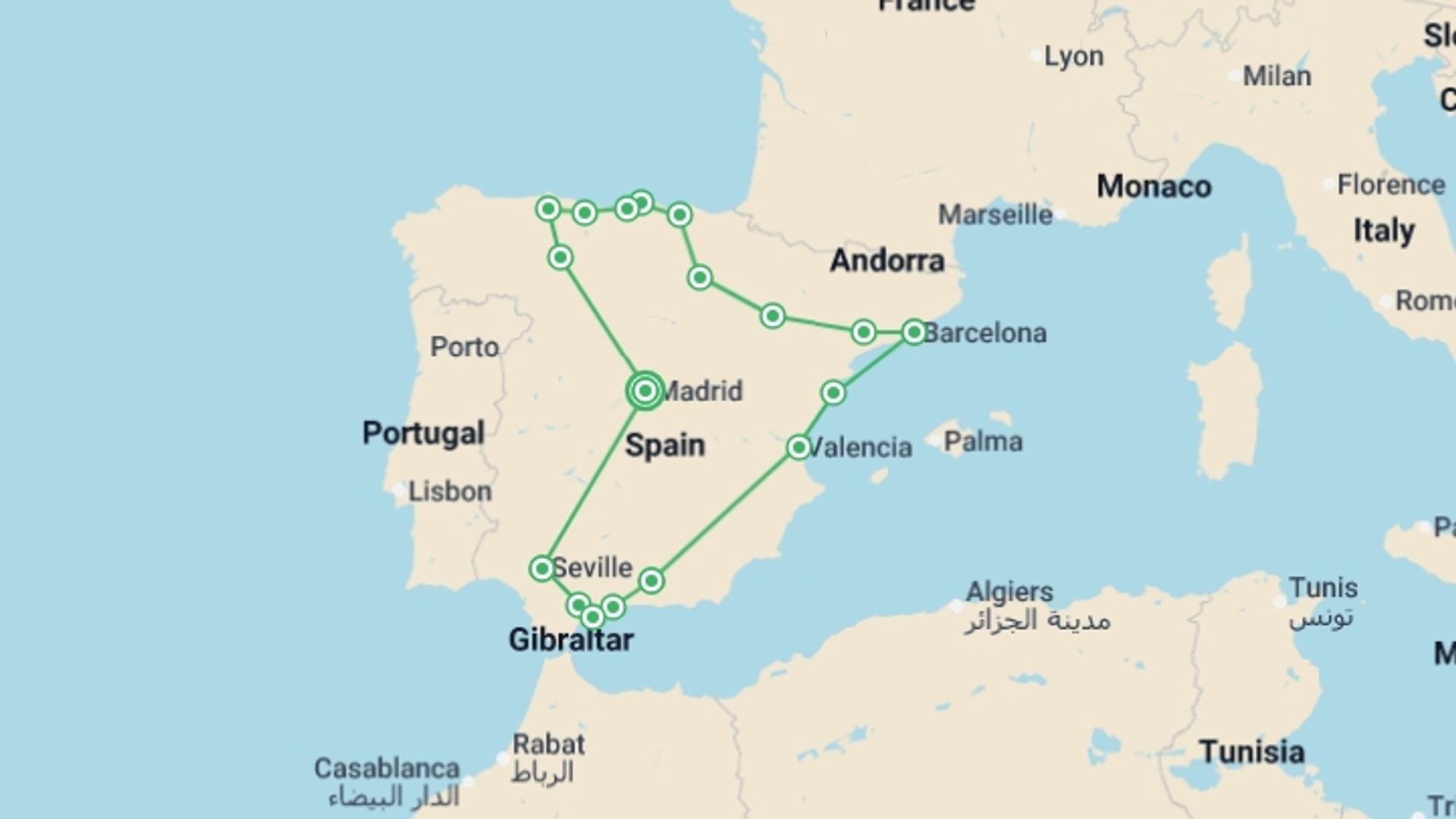 A map showing the tour itinerary for the trip: Spanish Ole, starting in Madrid, Spain and ending in Madrid, Spain going through 7 other destinations.