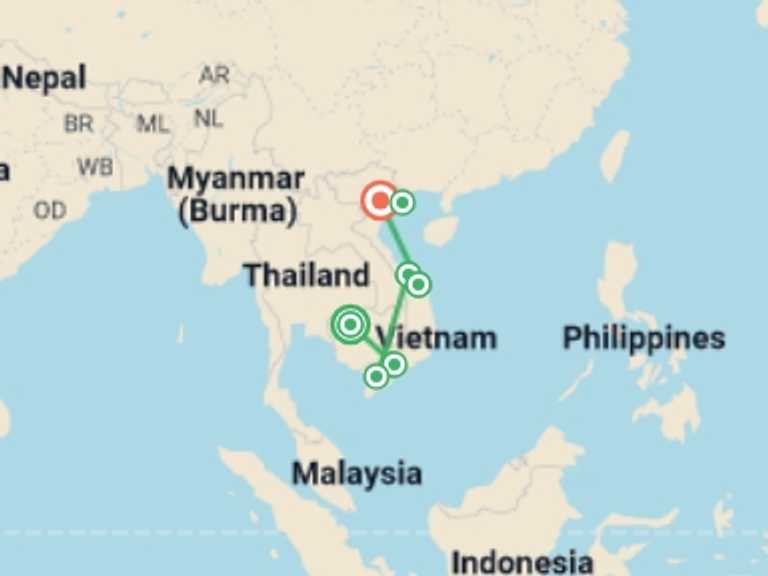 Map itinerary of Hanoi Tour in February 2027 with 9 destination visits for the trip: Cambodia and Vietnam in Style