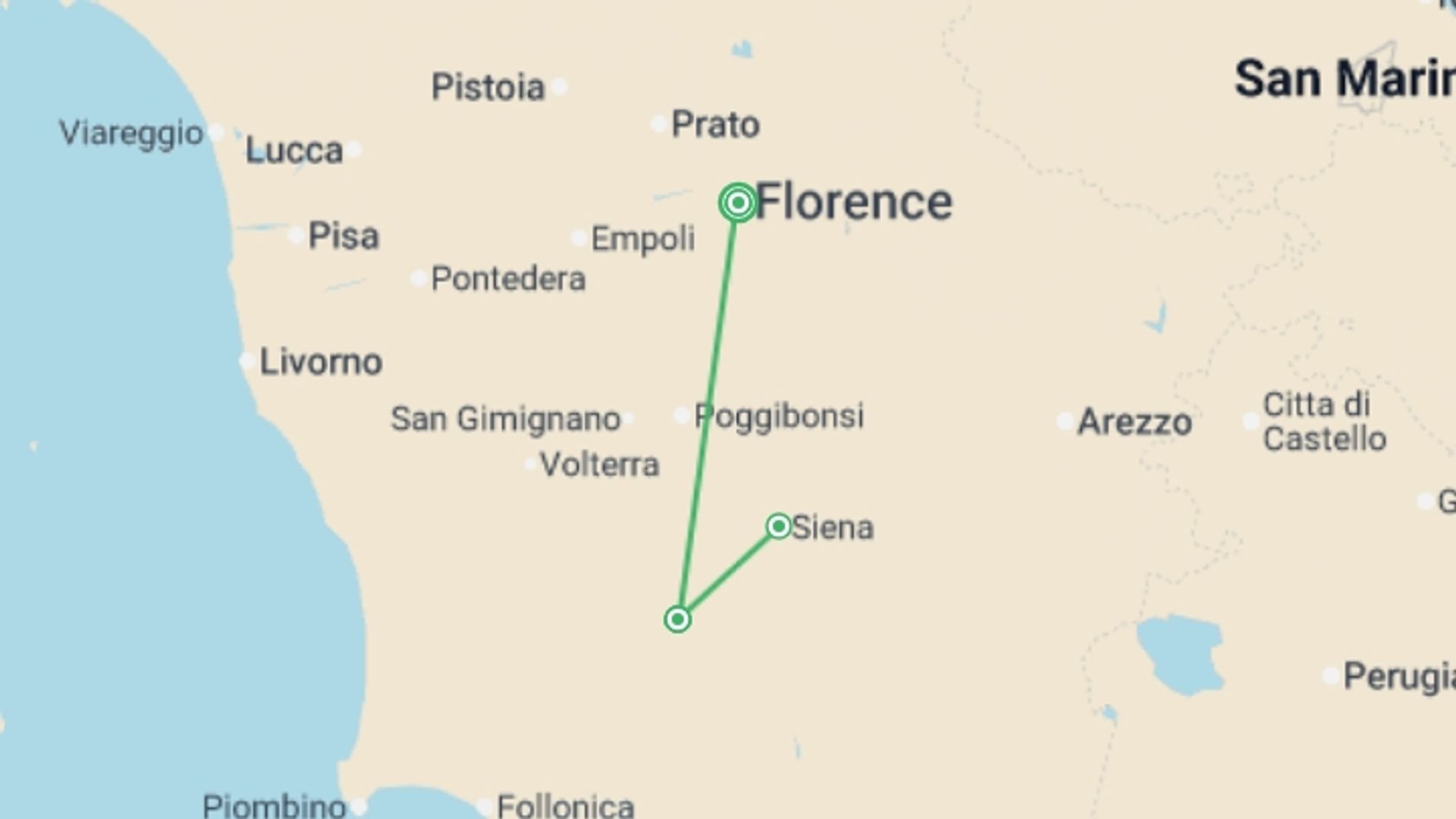 A map showing the tour itinerary for the trip: Signature Italy | Allure of Renaissance Tuscany, starting in Florence, Italy and ending in Florence, Italy going through 2 other destinations.