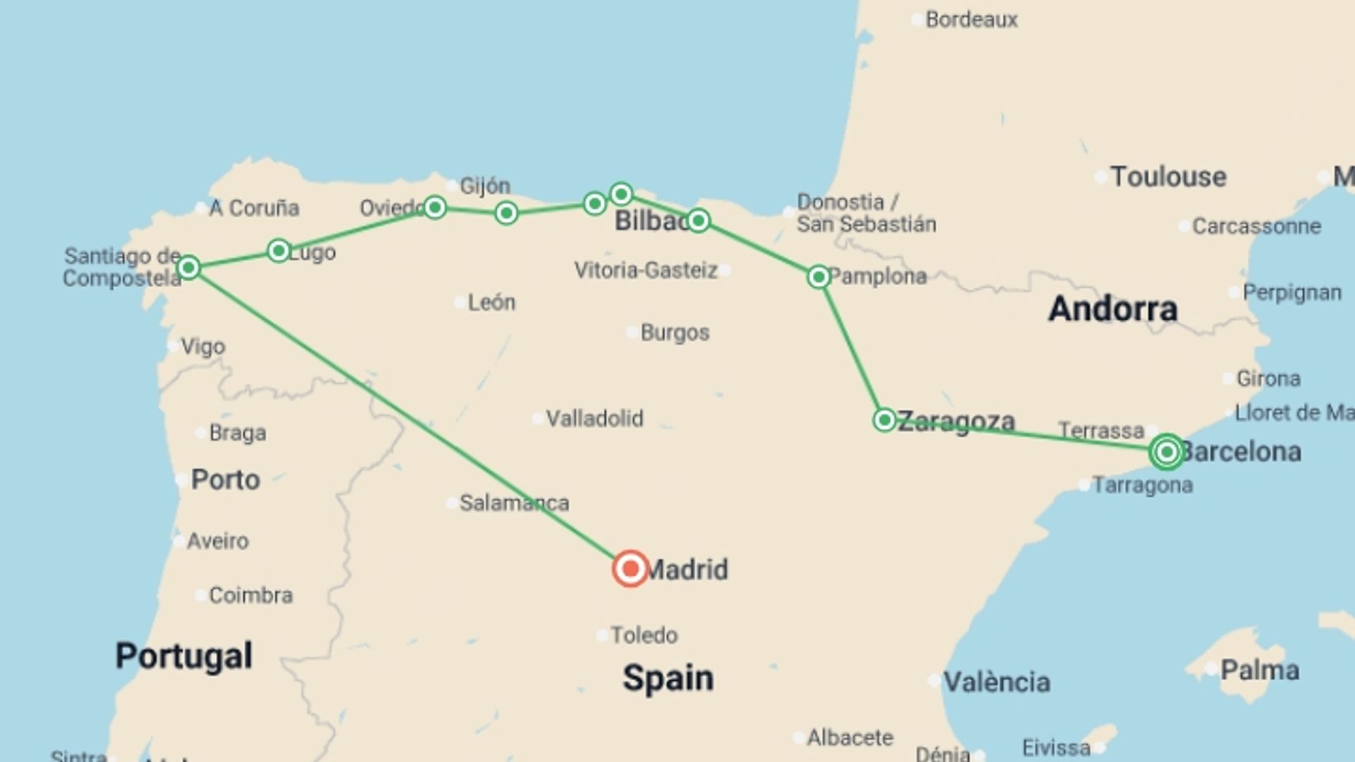 A map showing the tour itinerary for the trip: Barcelona And The North Of Spain, starting in Barcelona, Spain and ending in Madrid, Spain going through 4 other destinations.