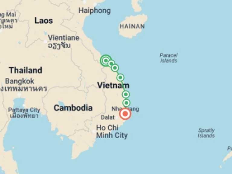 Map of Vietnam Tour with 8 destination visits for the trip: Cycling Vietnam's Central Coast