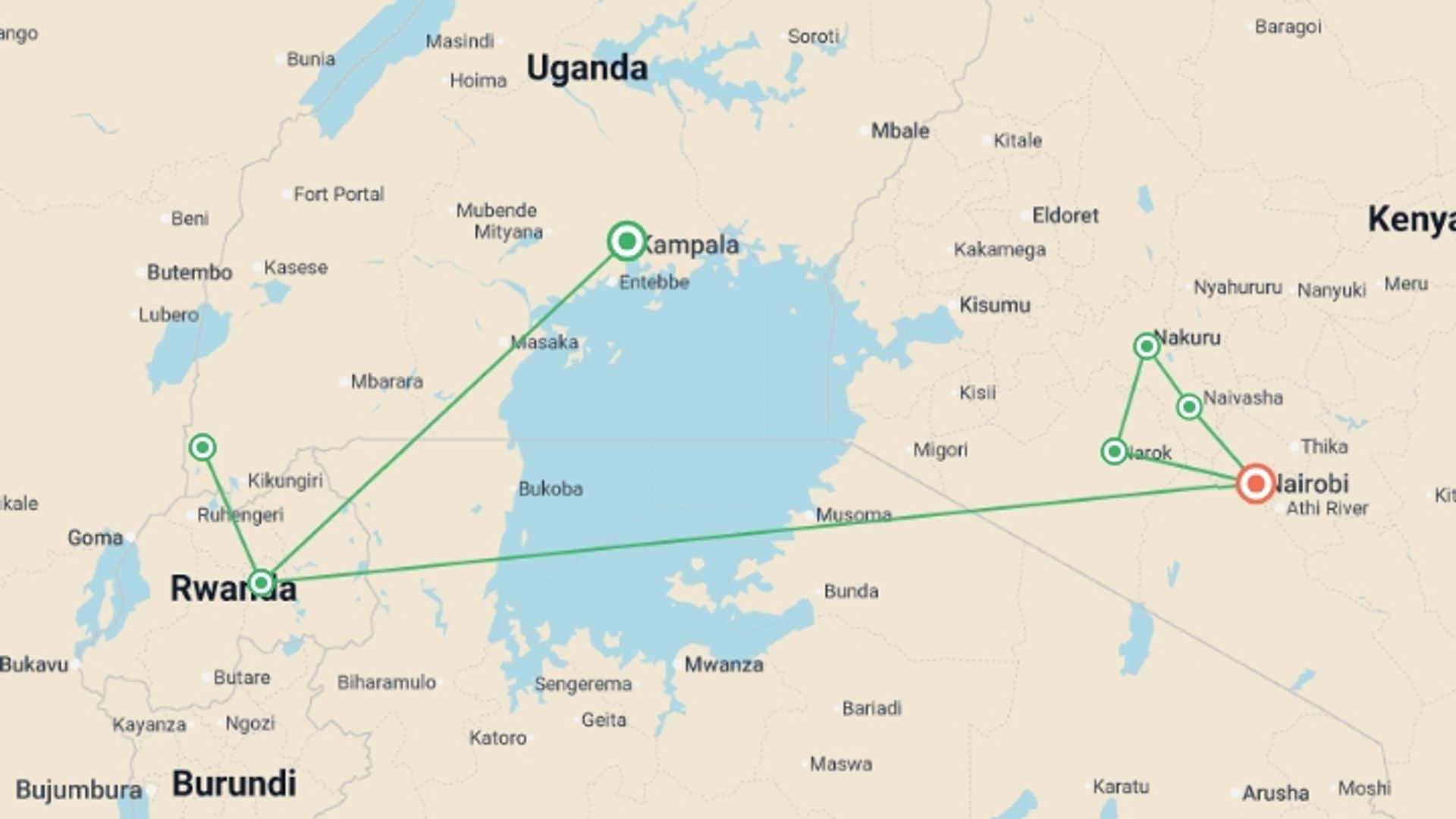 A map showing the tour itinerary for the trip: Premium Uganda, Rwanda & Kenya, starting in Kampala, Uganda and ending in Nairobi, Kenya going through 4 other destinations.
