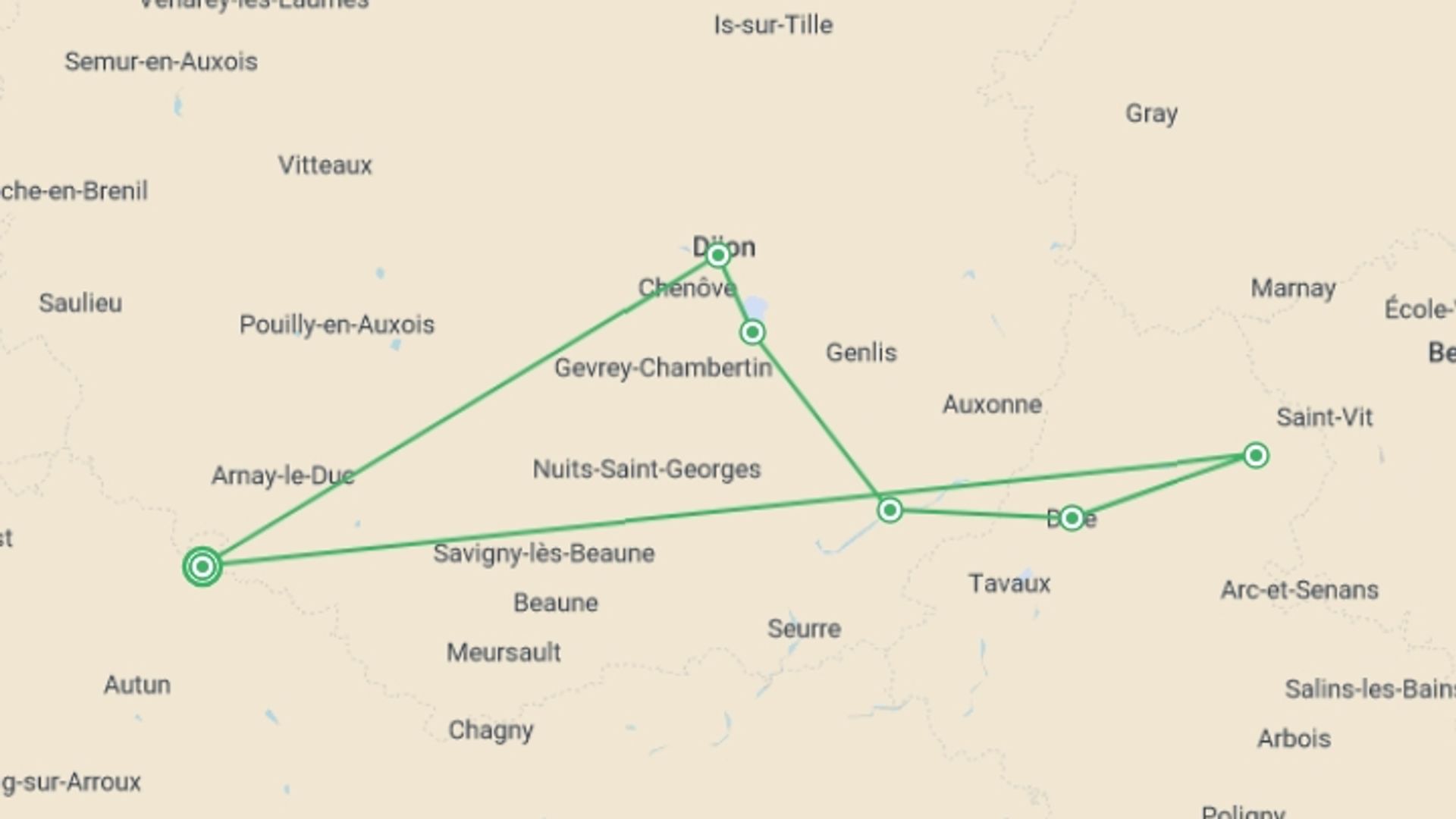 A map showing the tour itinerary for the trip: Remarkable Sites and Fine Wines on a Cruise through Burgundy and the Doubs Valley (port-to-port cruise), starting in Burgundy, France and ending in Burgundy, France going through 5 other destinations.