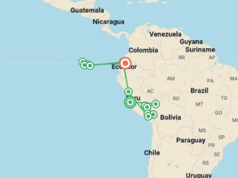Map itinerary of South America Tour in December 2026 with 14 destination visits for the trip: Peru & Galapagos Explorer