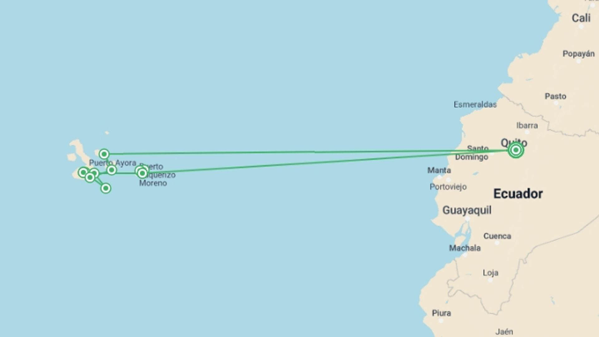 A map showing the tour itinerary for the trip: Galapagos Walking Adventure, starting in Quito, Ecuador and ending in Quito, Ecuador going through 9 other destinations.
