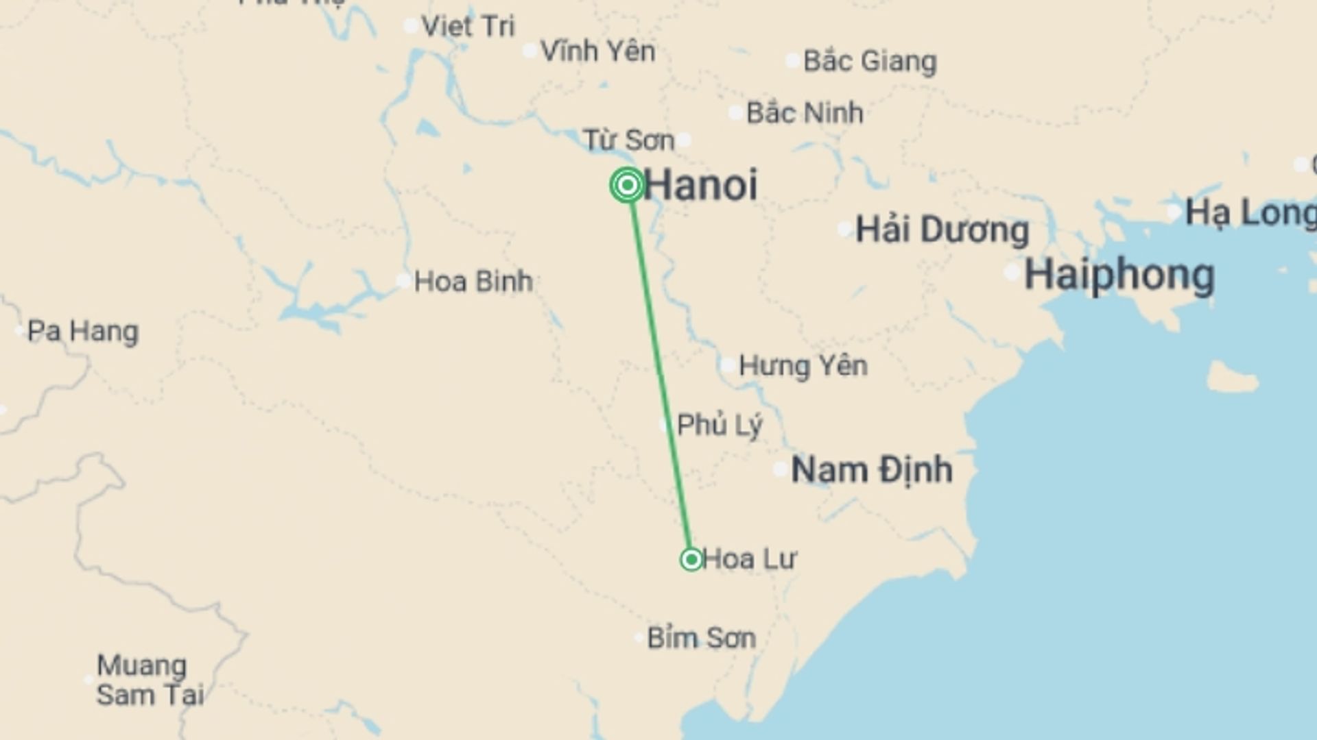 A map showing the tour itinerary for the trip: Hanoi & Ninh Binh - 4 days, starting in Hanoi, Vietnam and ending in Hanoi, Vietnam going through 0 other destinations.