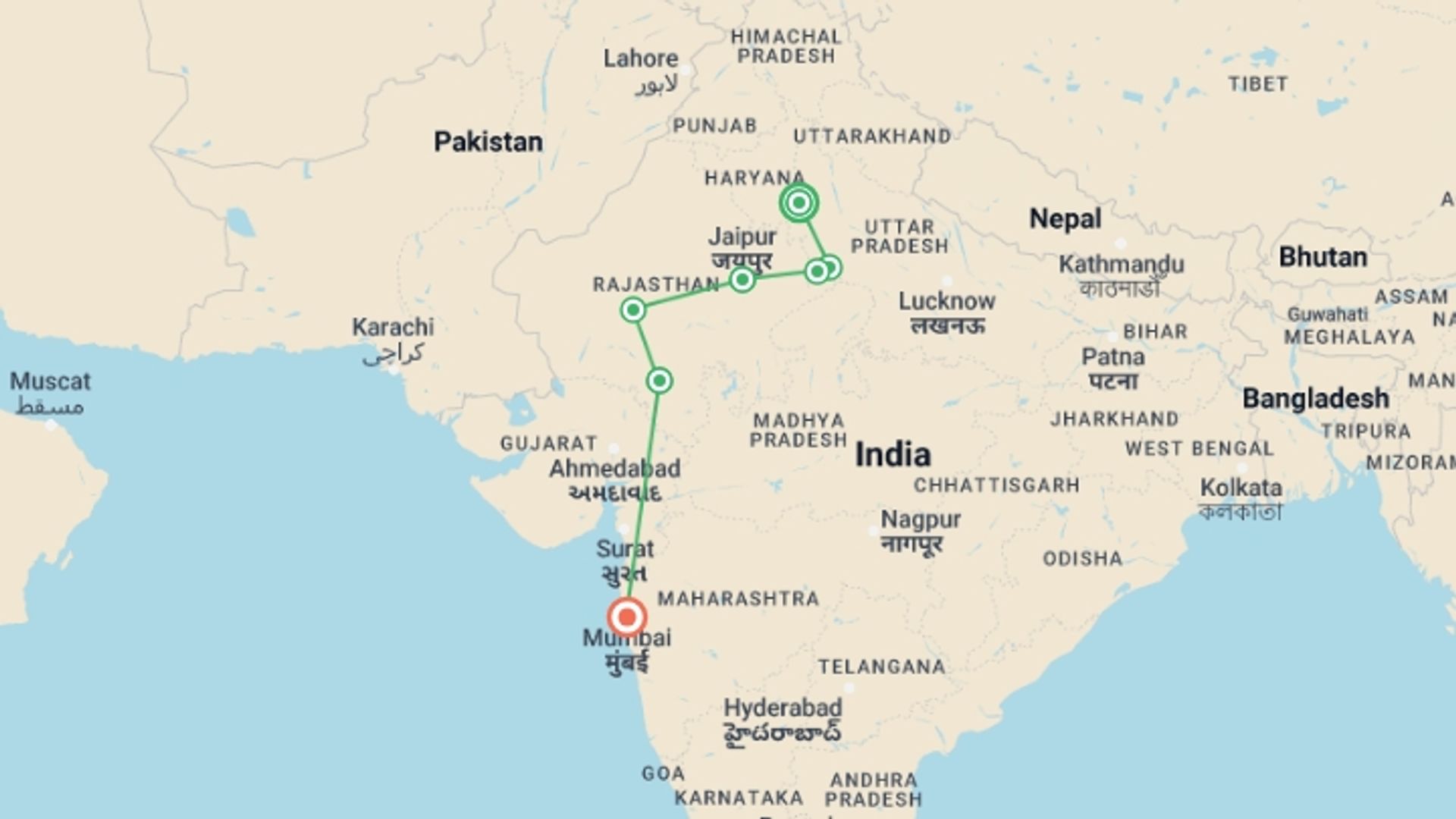 A map showing the tour itinerary for the trip: Delhi, Agra & Rajasthan with Mumbai, starting in New Delhi, India and ending in Mumbai, India going through 4 other destinations.