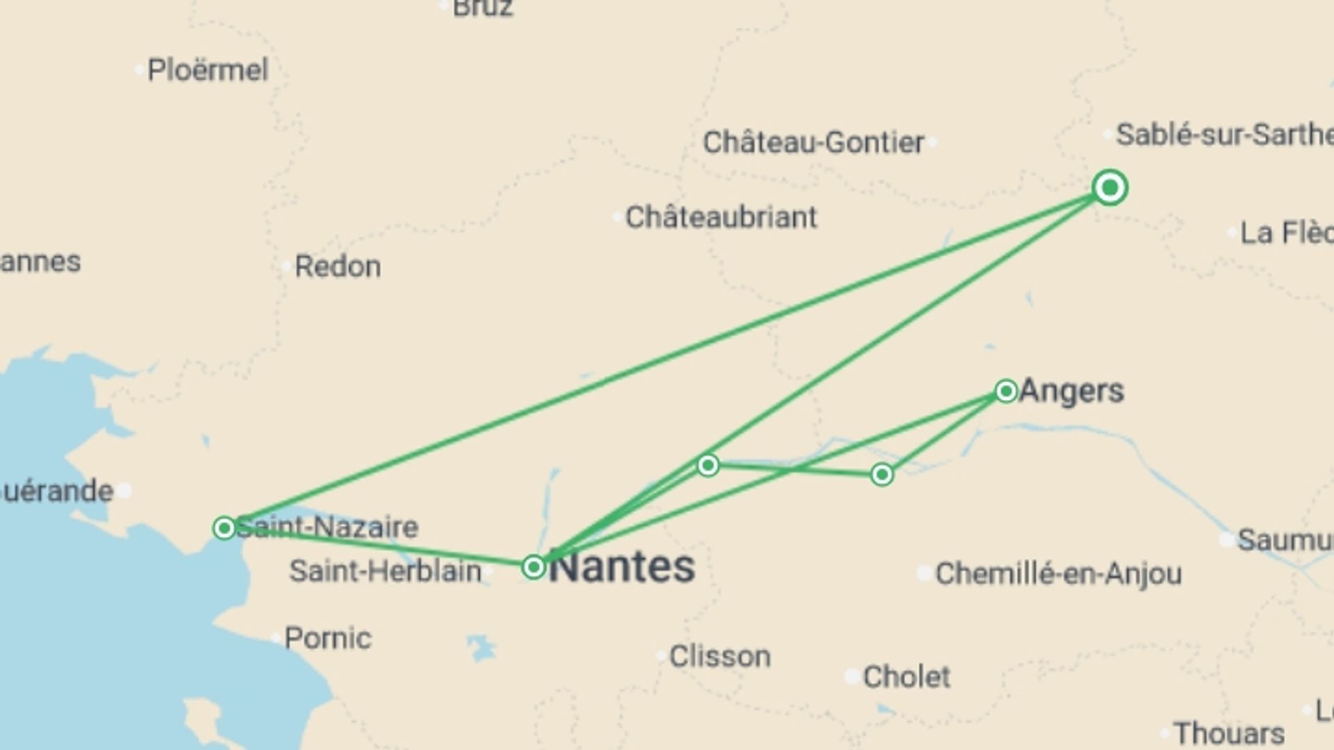A map showing the tour itinerary for the trip: Christmas on the Loire (port-to-port cruise), starting in Pays de la Loire, France and ending in Pays de la Loire, France going through 4 other destinations.
