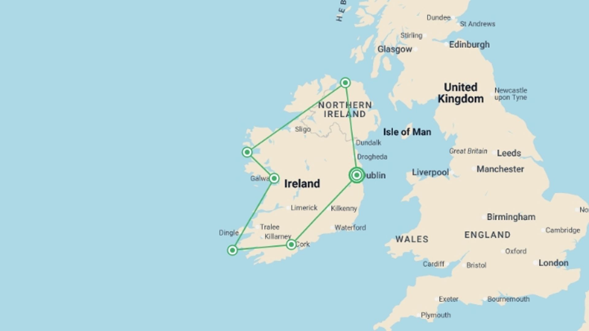 A map showing the tour itinerary for the trip: Ireland Circumnavigation (Ocean Victory), starting in Dublin, Ireland and ending in Dublin, Ireland going through 5 other destinations.