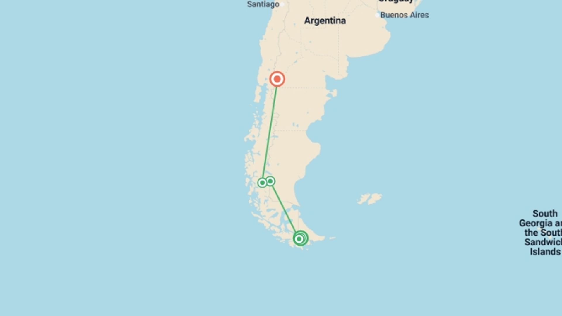 A map showing the tour itinerary for the trip: Argentina: Ushuaia, Calafate and Bariloche , starting in Ushuaia, Argentina and ending in San Carlos de Bariloche, Argentina going through 3 other destinations.