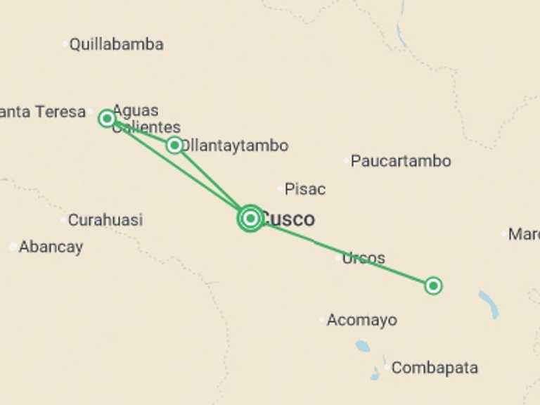 Map of 7-Day Cusco Tour with 3 destination visits for the trip: Inca Trail Express & Rainbow Mountain 7D/6N