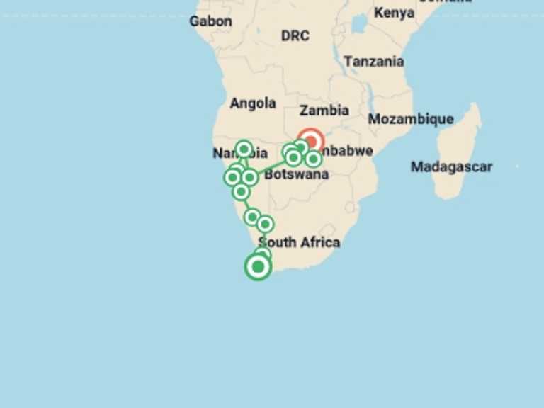 Map itinerary of Windhoek Tour in Spring with 15 destination visits for the trip: 19-day Cape Town to Victoria Falls Camping