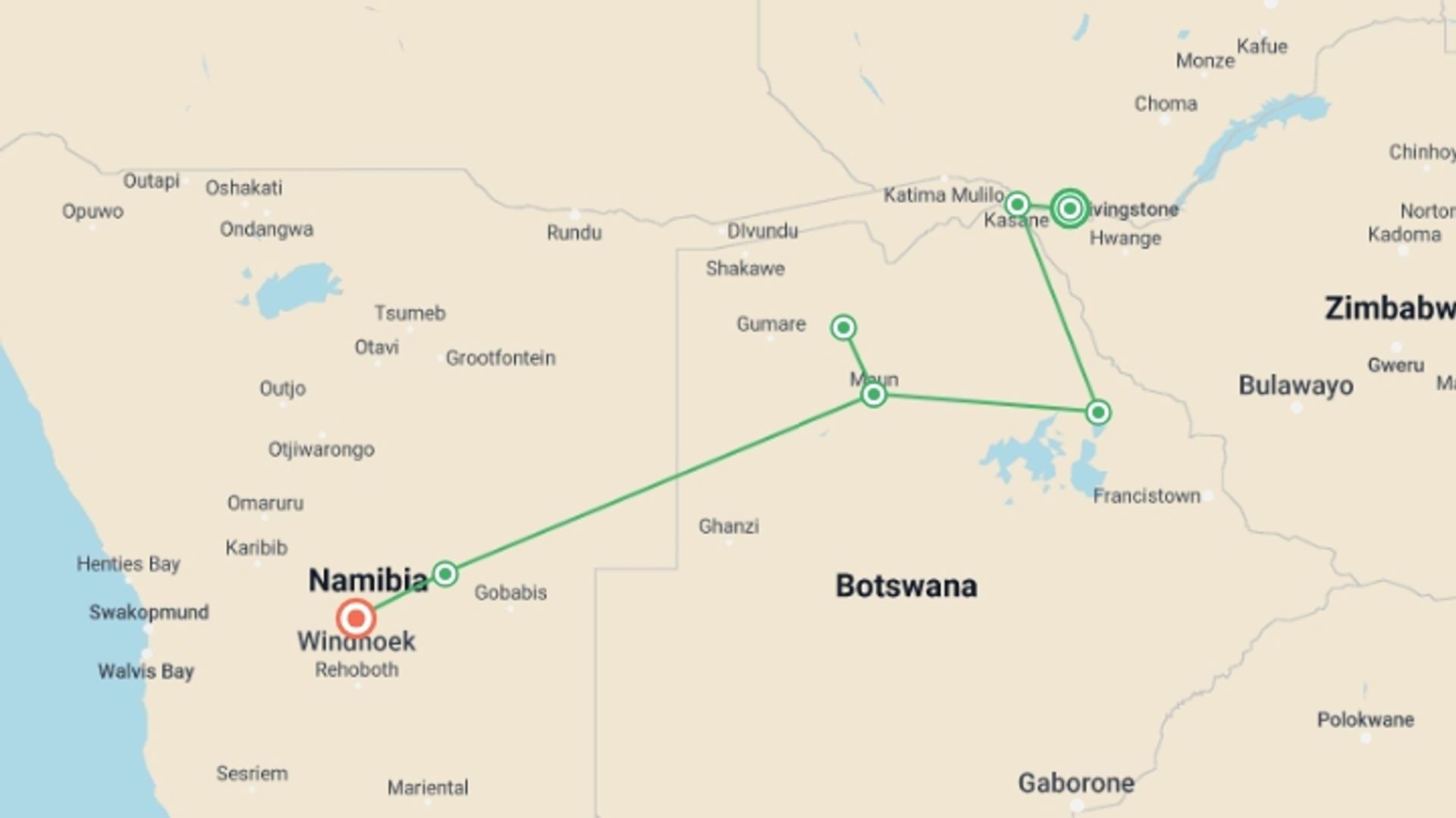 A map showing the tour itinerary for the trip: 8-day Chobe  Okavango Delta Express Camping, starting in Livingstone, Zambia and ending in Windhoek, Namibia going through 5 other destinations.