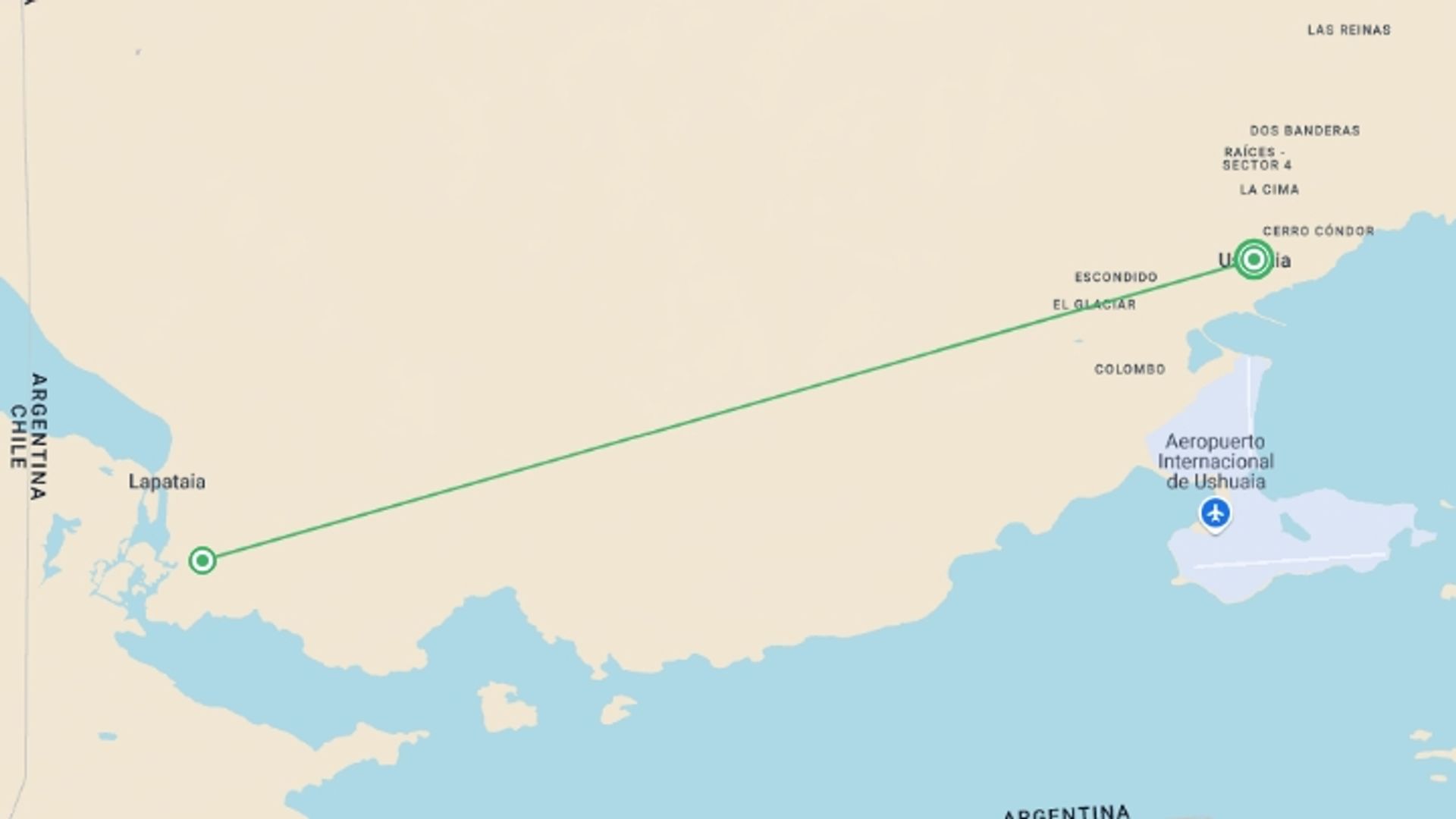 A map showing the tour itinerary for the trip: 5-Day Ushuaia Adventure Tour, starting in Ushuaia, Argentina and ending in Ushuaia, Argentina going through 2 other destinations.