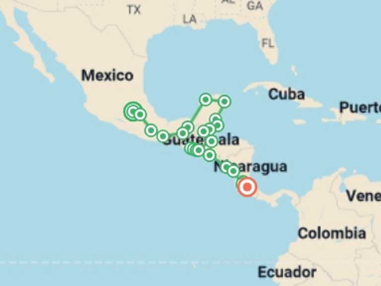 Map itinerary of South America Tour in November 2027 with 25 destination visits for the trip: Central America Explorer