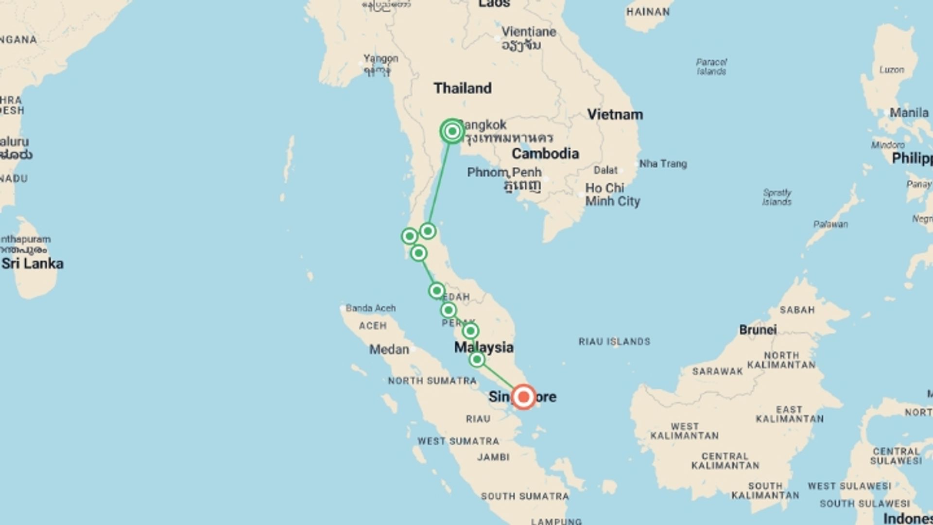 A map showing the tour itinerary for the trip: Bangkok to Singapore Adventure, starting in Bangkok, Thailand and ending in Singapore, Singapore going through 7 other destinations.