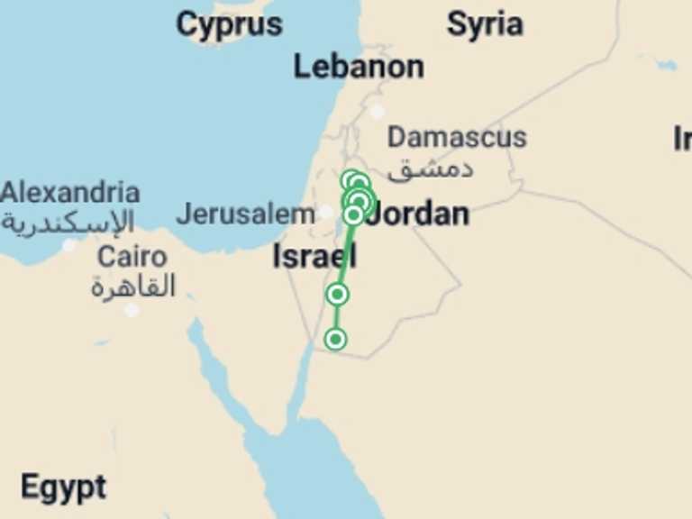 Map itinerary of Jordan Tour in June 2026 with 5 destination visits for the trip: Jordan Encounters