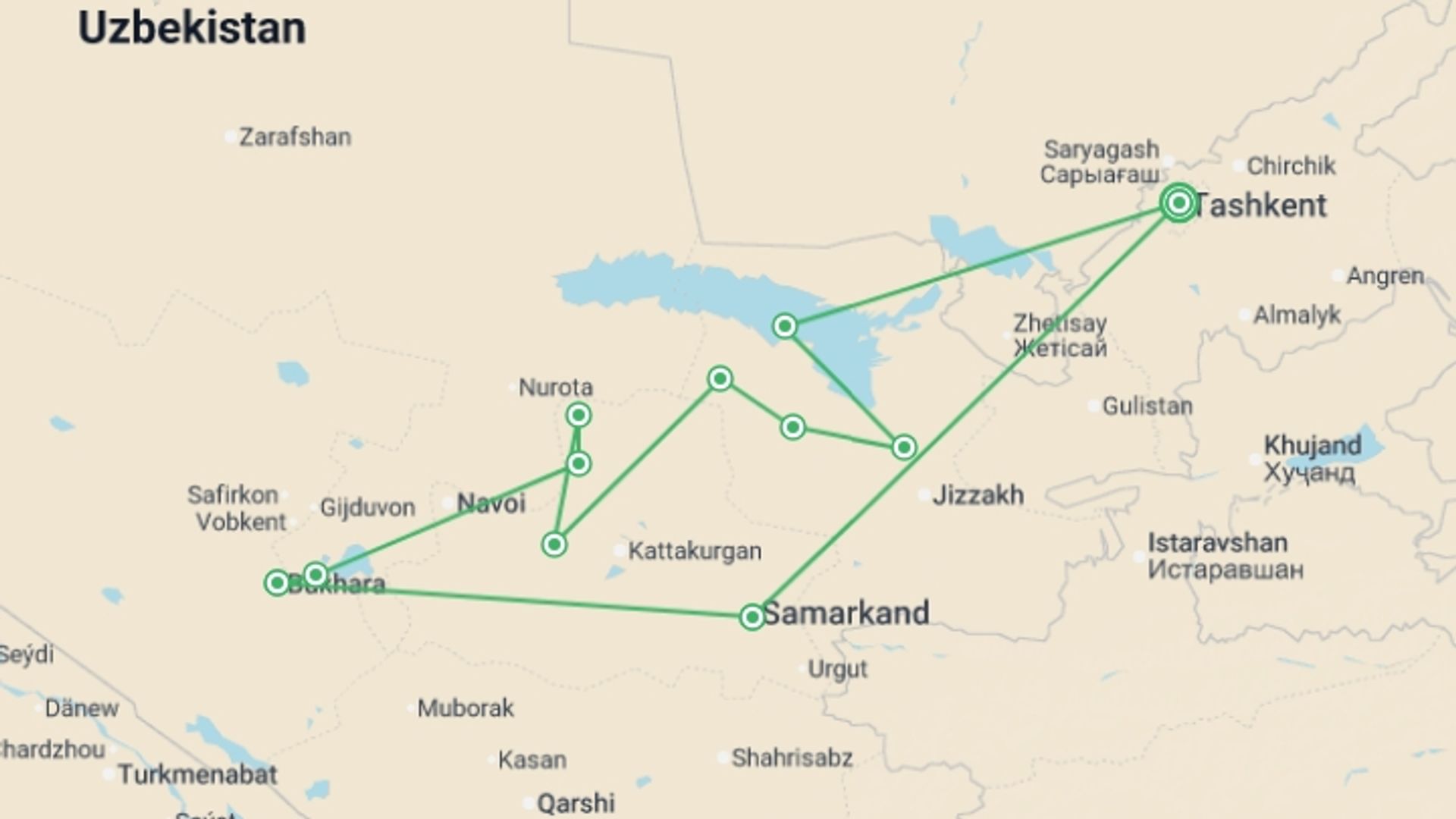 A map showing the tour itinerary for the trip: Uzbekistan by Bike, starting in Tashkent, Uzbekistan and ending in Tashkent, Uzbekistan going through 10 other destinations.