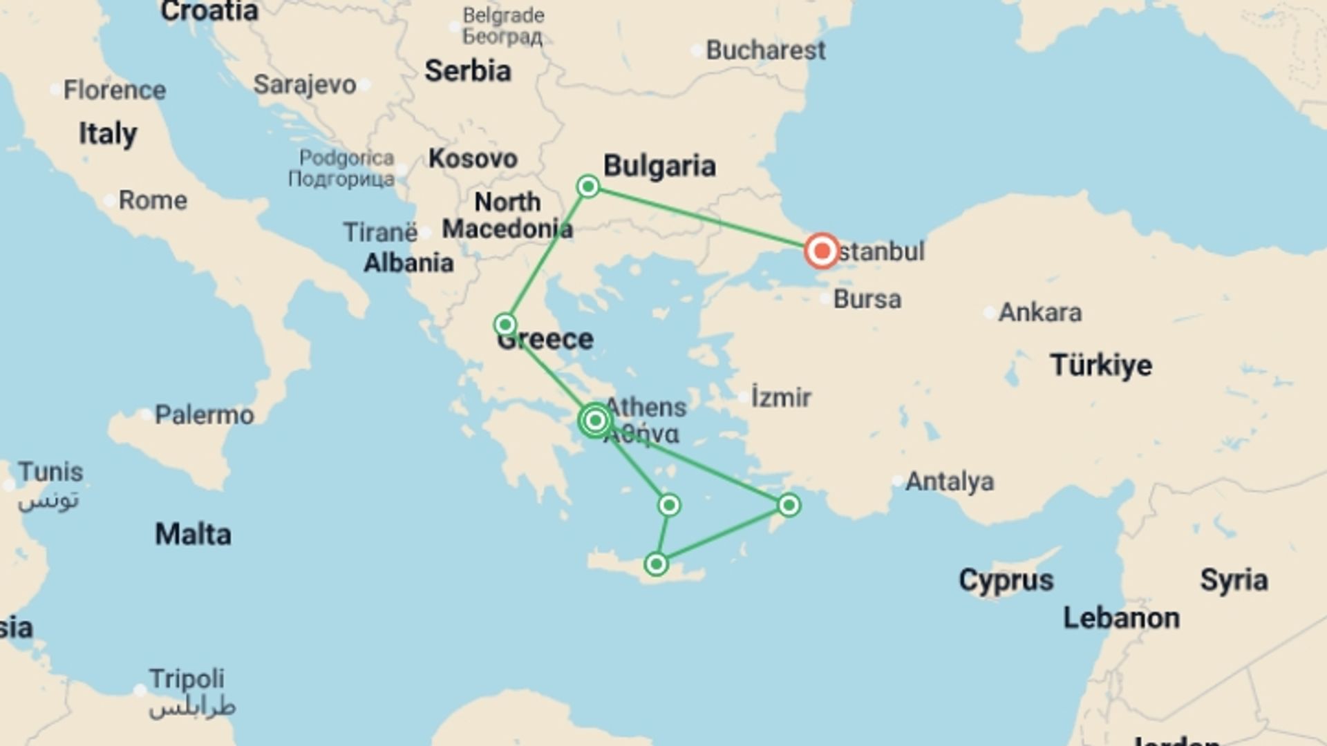 A map showing the tour itinerary for the trip: Greece, Bulgaria, and Istanbul, starting in Athens, Greece and ending in Istanbul, Turkey going through 5 other destinations.