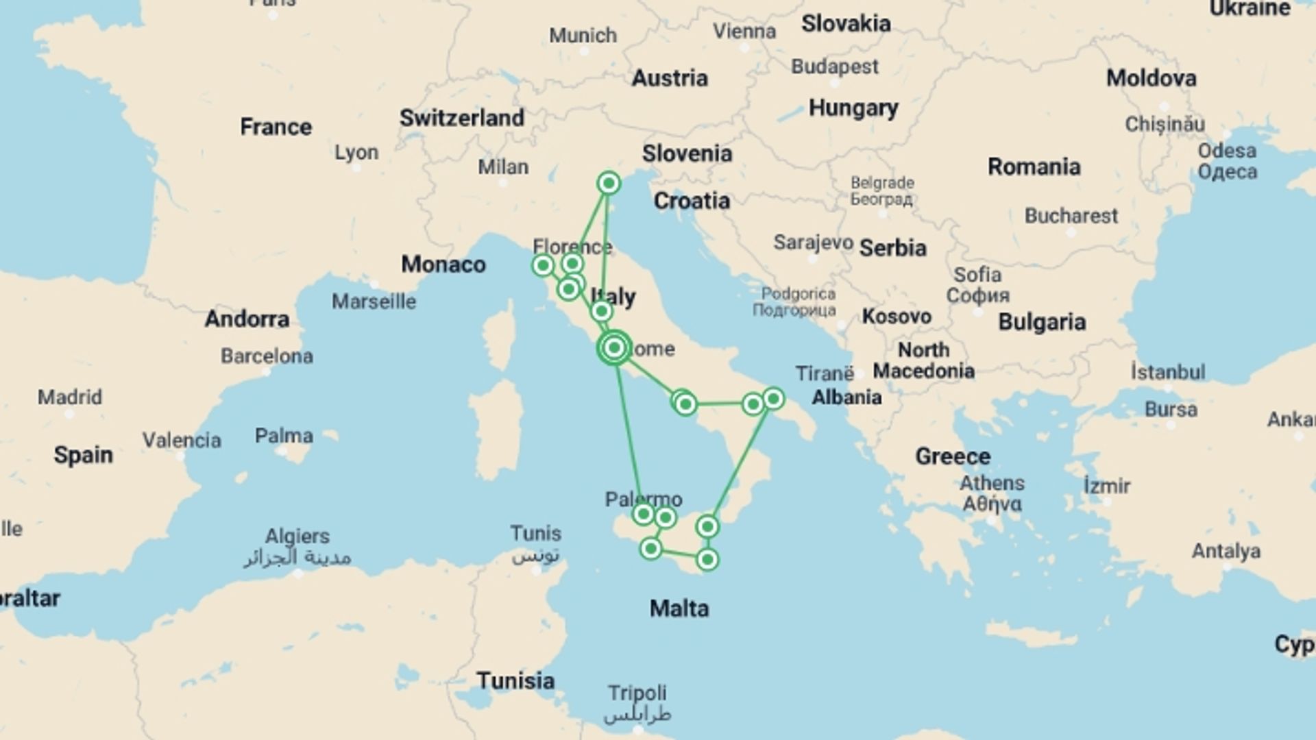 A map showing the tour itinerary for the trip: Italy Explorer, starting in Rome, Italy and ending in Rome, Italy going through 8 other destinations.