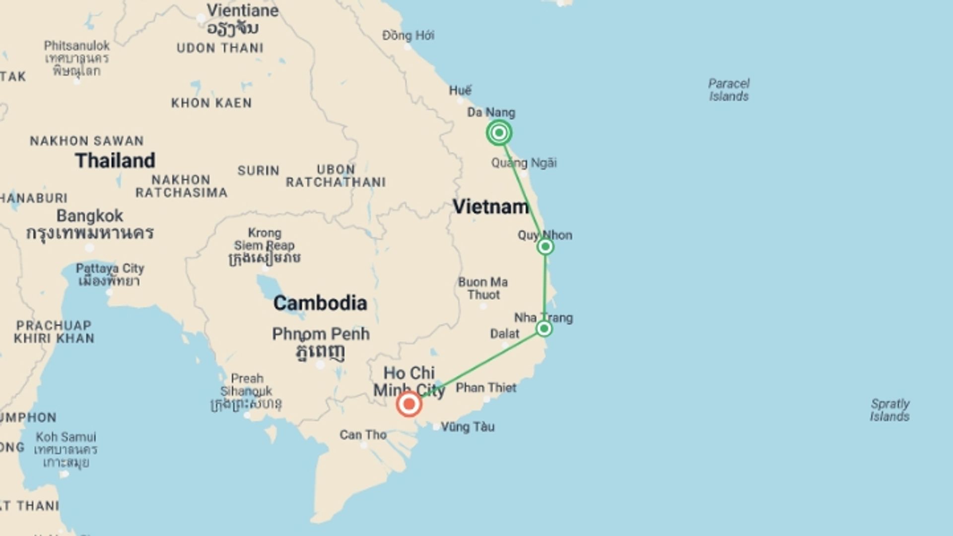 A map showing the tour itinerary for the trip: Vietnam Adventure: Hoi An, Beaches & Ho Chi Minh City, starting in Hoi An, Vietnam and ending in Ho Chi Minh City, Vietnam going through 2 other destinations.