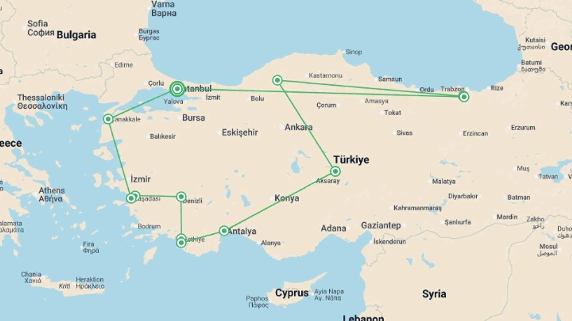 A map showing the tour itinerary for the trip: Turkey & The Black Sea Odyssey - 16 days, starting in Istanbul, Turkey and ending in Istanbul, Turkey going through 11 other destinations.