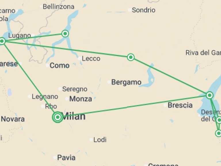 Map itinerary of Europe Tour in Spring with 3 destination visits for the trip: Enchanting Waters: Discovering The Lakes Of Italy, Self-drive