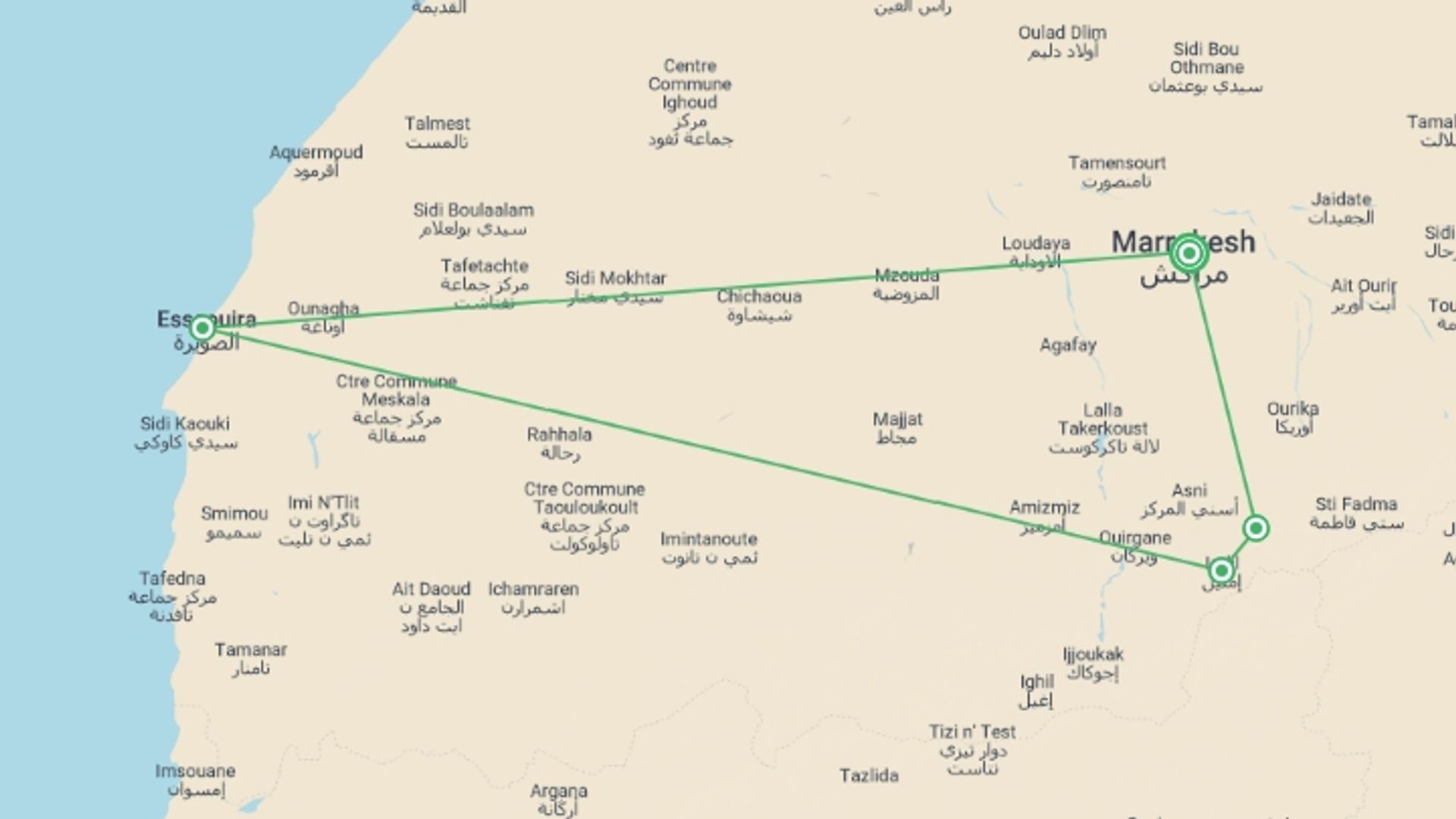 A map showing the tour itinerary for the trip: Premium Hiking and Trekking in Morocco, starting in Marrakech, Morocco and ending in Marrakech, Morocco going through 3 other destinations.