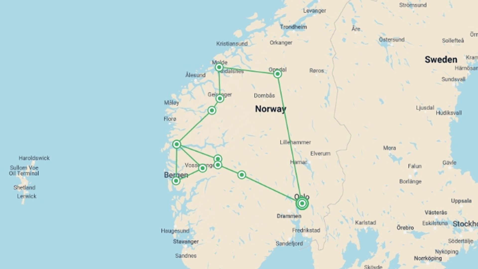 A map showing the tour itinerary for the trip: Norwegian Fjords - Charm and Traditions, starting in Oslo, Norway and ending in Oslo, Norway going through 4 other destinations.