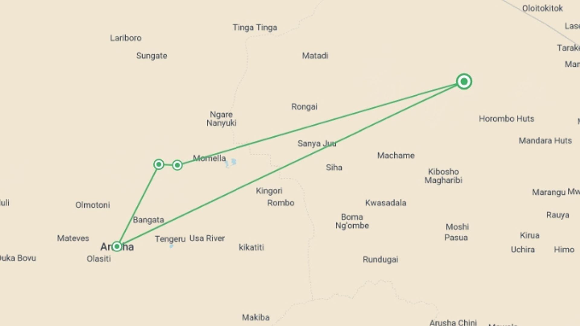 A map showing the tour itinerary for the trip: 4 Days Mount Meru Trekking, starting in Kilimanjaro, Tanzania and ending in Kilimanjaro, Tanzania going through 4 other destinations.