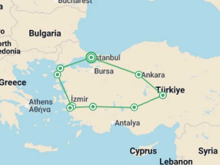 Map itinerary of Europe Tour in April 2027 with 8 destination visits for the trip: ANZAC Day - Major Tour