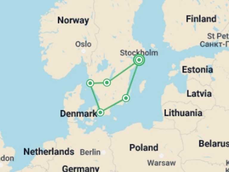 Map of a Self-drive or vehicle rental Tour with 5 destination visits for the trip: Swedish Splendor Self Drive